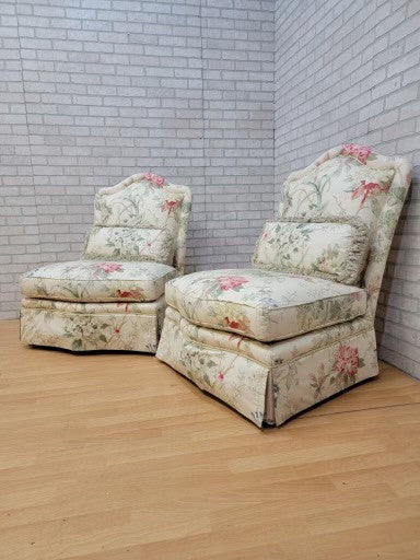 Vintage French Provincial Floral Upholstered Armless Slipper Chairs by Baker Furniture Co. - Pair
