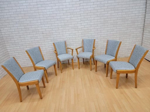 Mid Century Modern Heywood Wakefield 6 Chairs Newly Upholstered and Display Cabinet - 8 Piece Dining Set