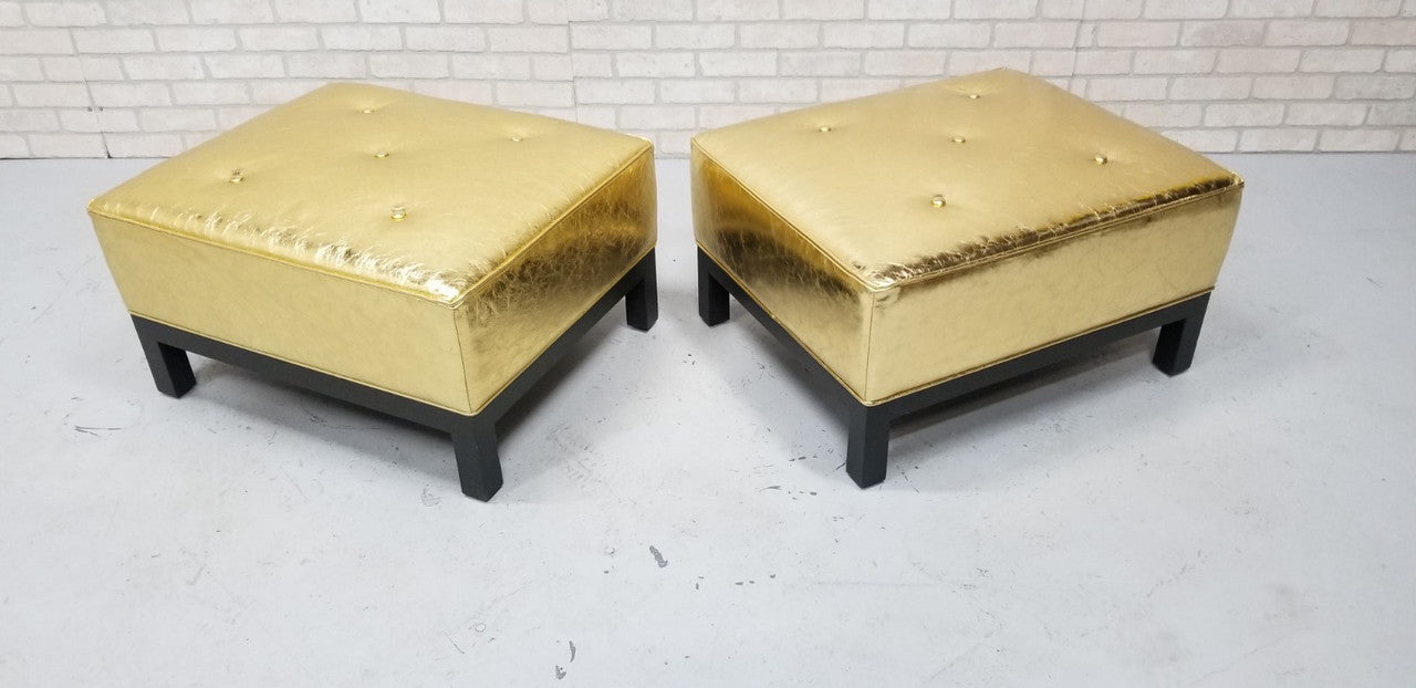Hollywood Regency Christian Liaigre Style Stools Ottomans Newly Upholstered in Distressed Gold Leather - Pair