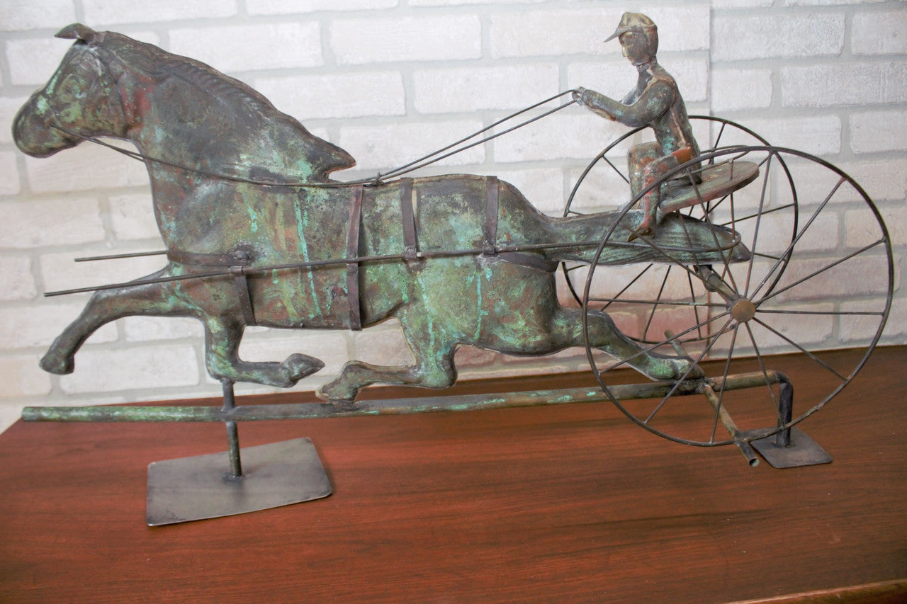 Antique American Copper Weathervane Sulky Jockey with Buggy Horse