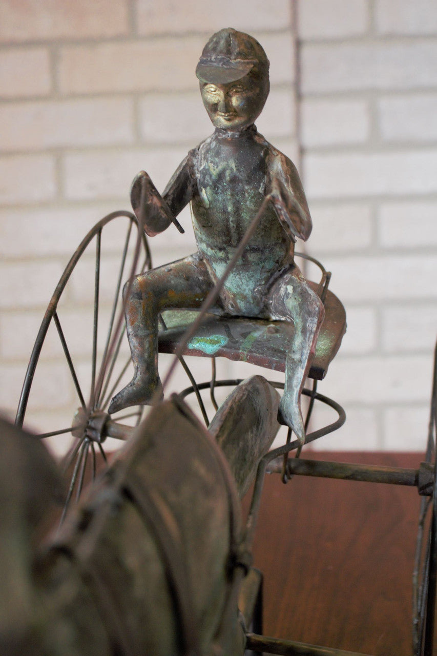 Antique American Copper Weathervane Sulky Jockey with Buggy Horse