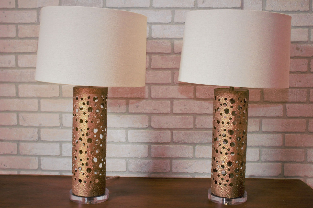 Modern Brutalist Shasta Brass and Lucite Table Lamps with Shades - Pair
