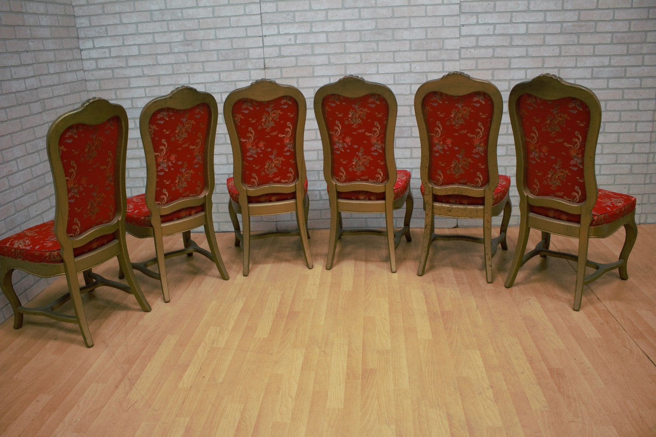 Hollywood Regency Gold Finish Newly Upholstered in Red Silk Chinoiserie Dining Chairs - Set of 6