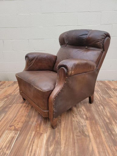 French Art Deco Distressed Brown Leather Lounge Club Chair