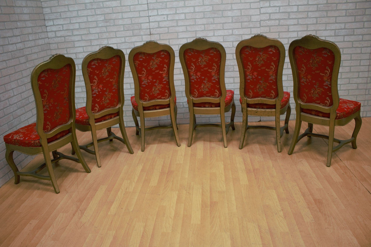 Hollywood Regency Gold Finish Newly Upholstered in Red Silk Chinoiserie Dining Chairs - Set of 6