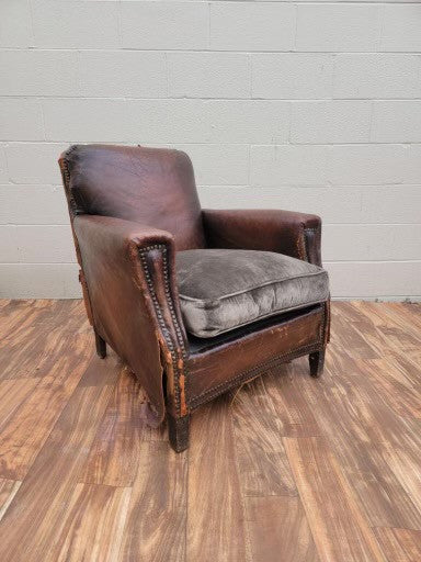 Vintage Art Deco French Distressed Leather Club Chair