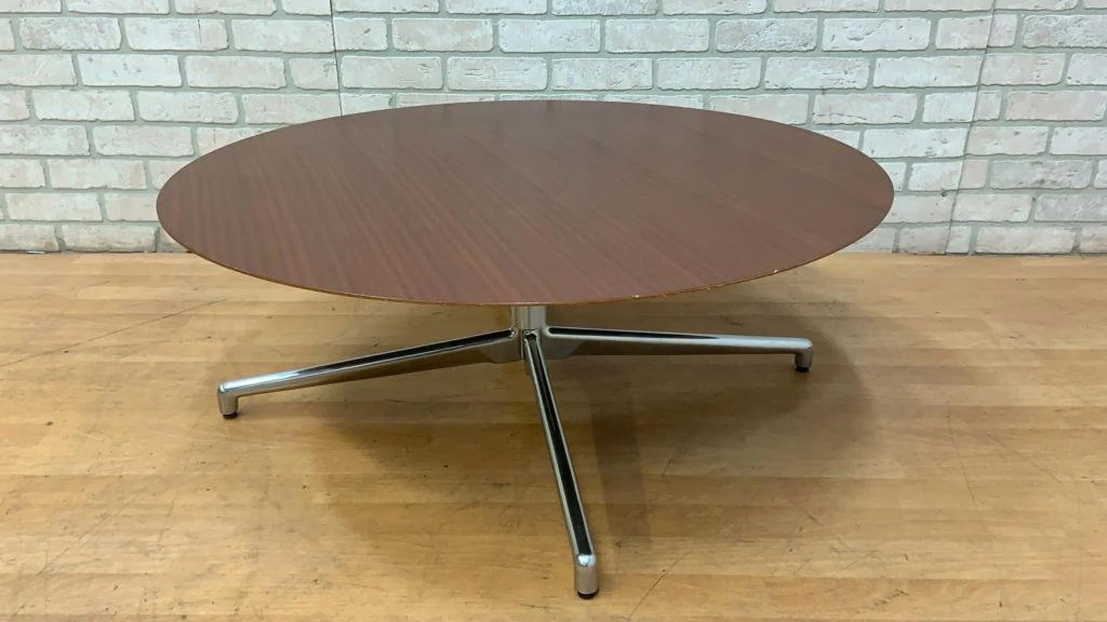 Mid Century Modern Herman Miller Style Round Wood Coffee Table with Chrome Legs