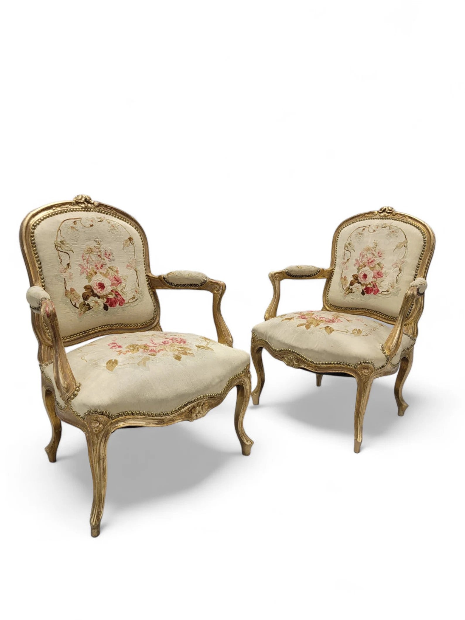 Antique French Napoleon Giltwood Aubusson Settee & Fauteuils 7 Piece Parlor Set