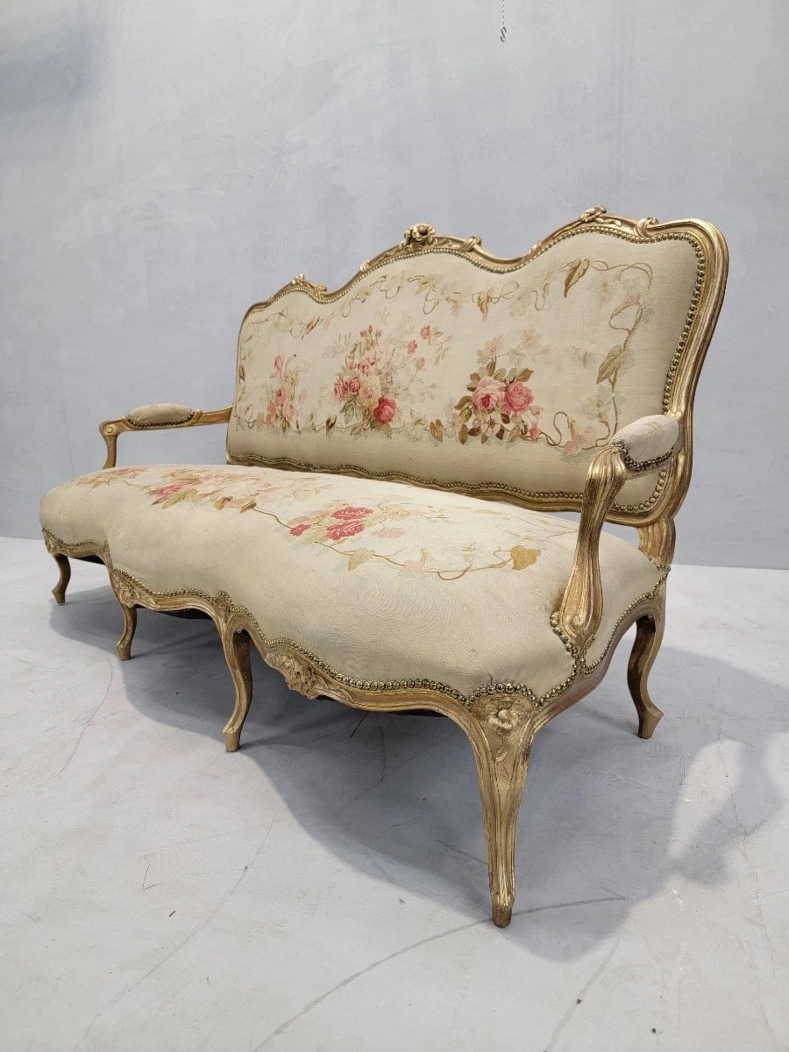 Antique French Napoleon Giltwood Aubusson Settee & Fauteuils 7 Piece Parlor Set