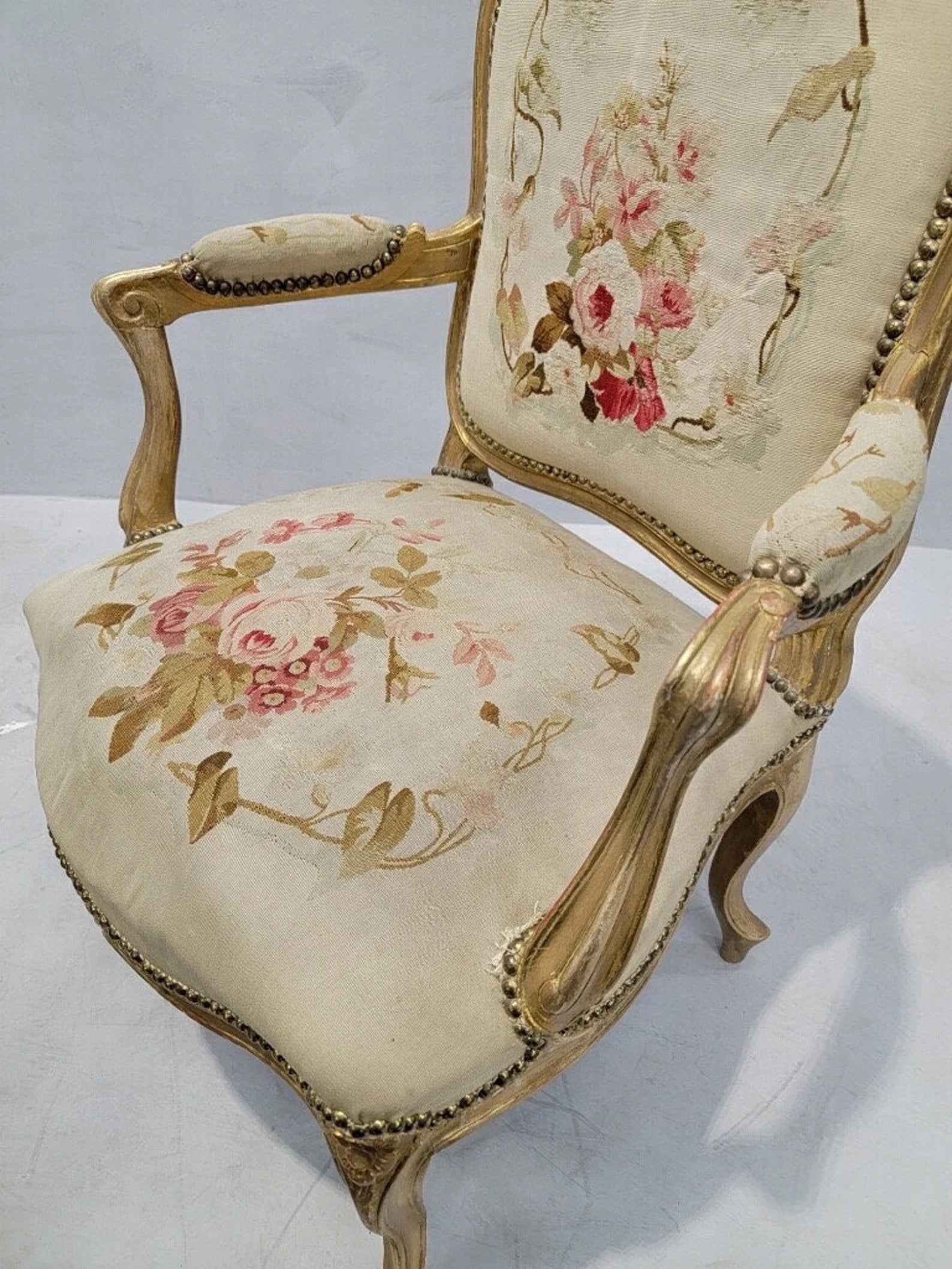 Antique French Napoleon Giltwood Aubusson Settee & Fauteuils 7 Piece Parlor Set