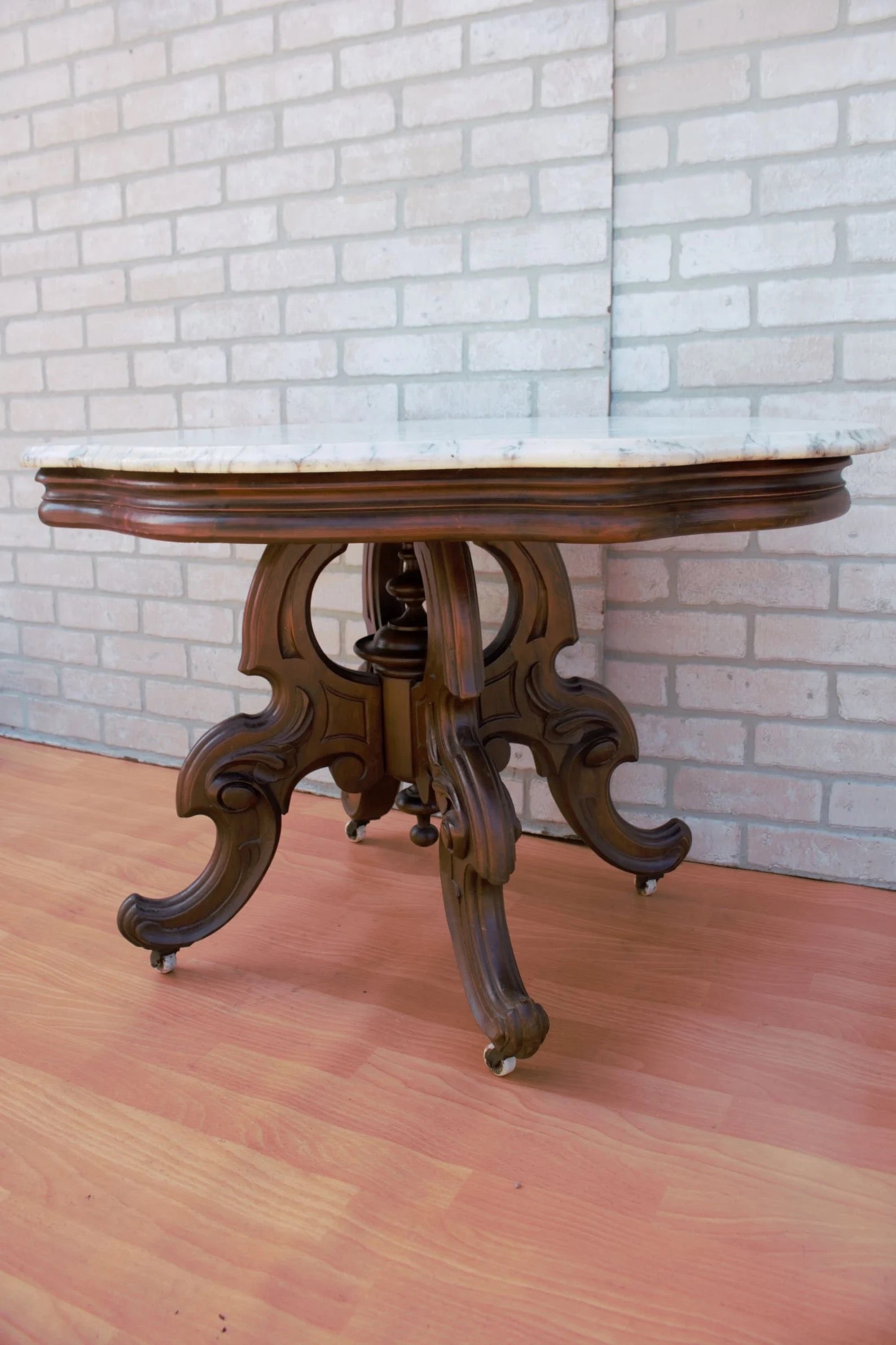 Antique Eastlake Style Coffee Side Table with Marble Top