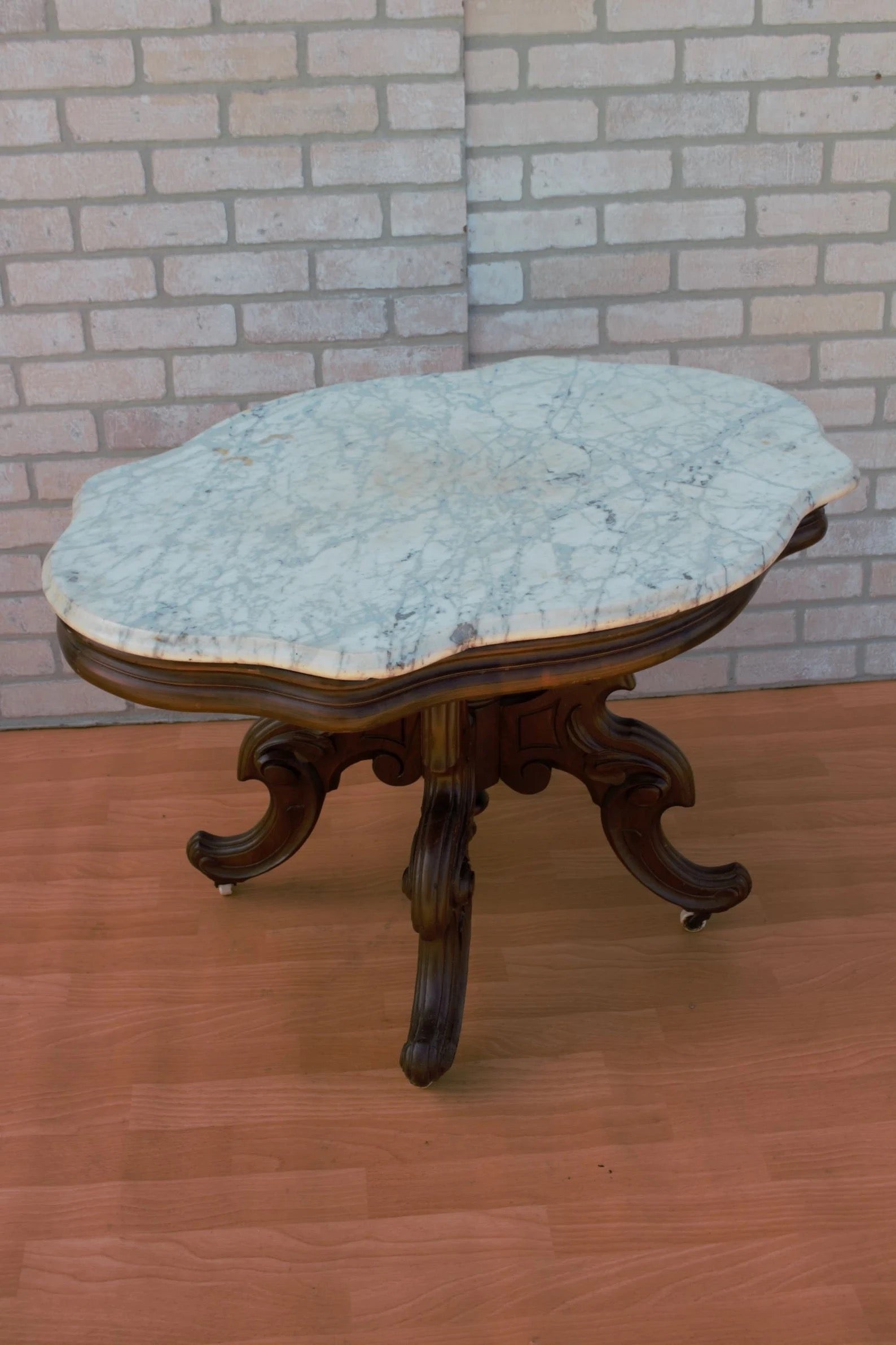 Antique Eastlake Style Coffee Side Table with Marble Top