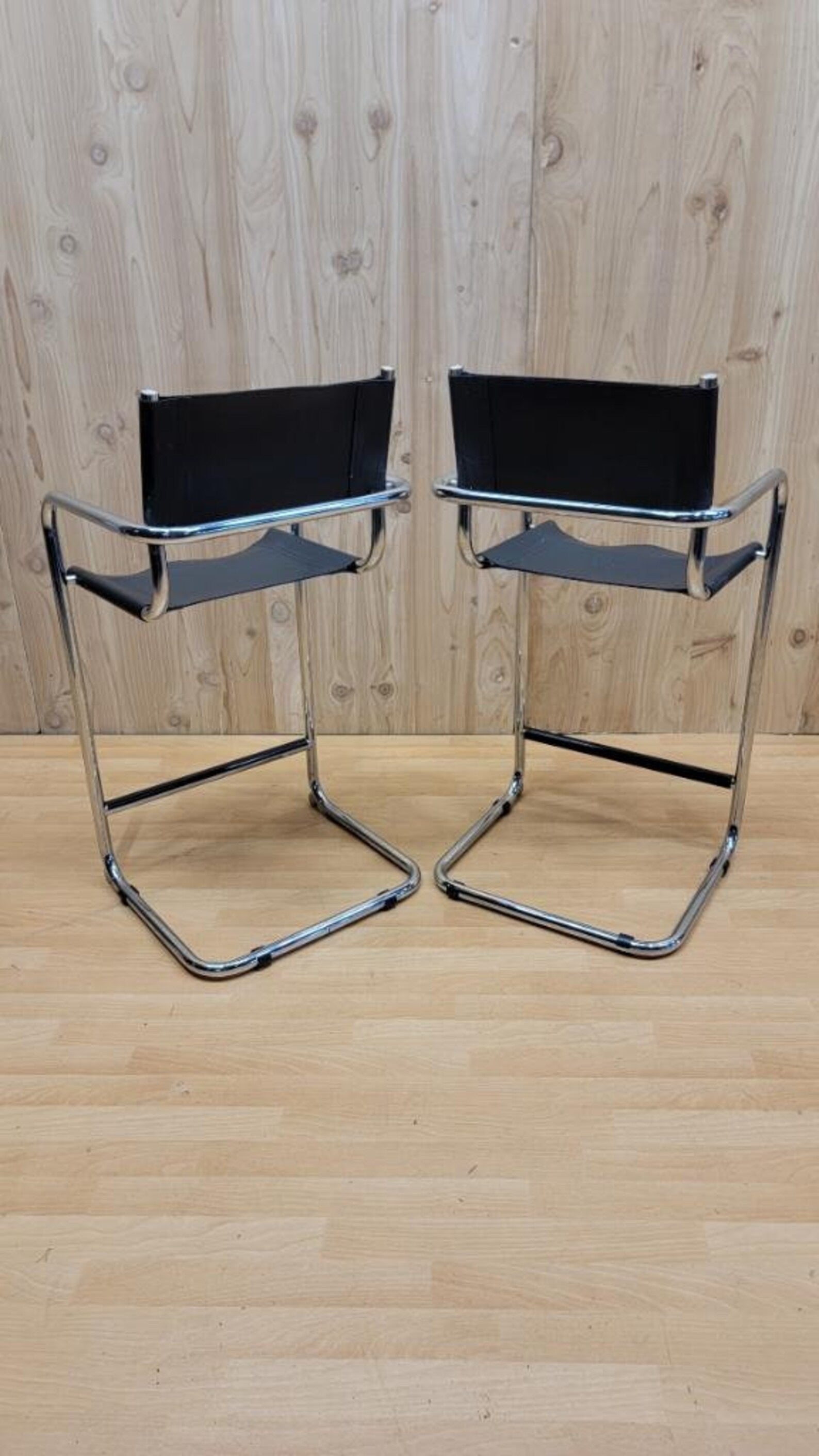 Vintage Mid Century Modern Mart Stam Style Chrome and Leather Barstools - Pair250