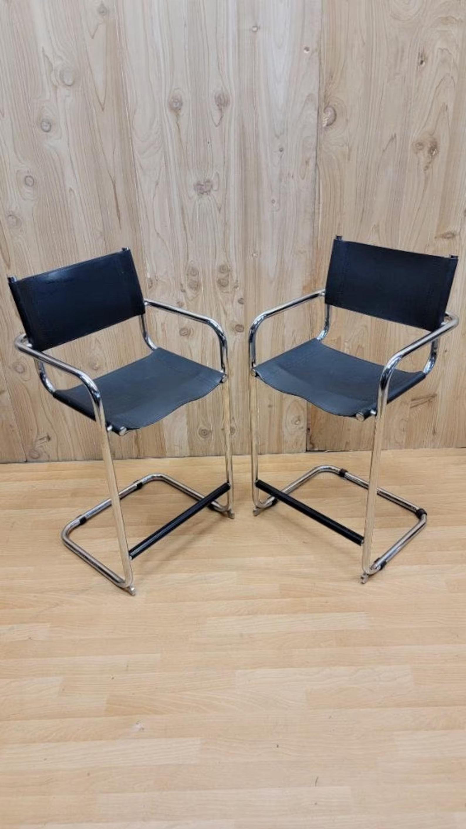 Vintage Mid Century Modern Mart Stam Style Chrome and Leather Barstools - Pair250