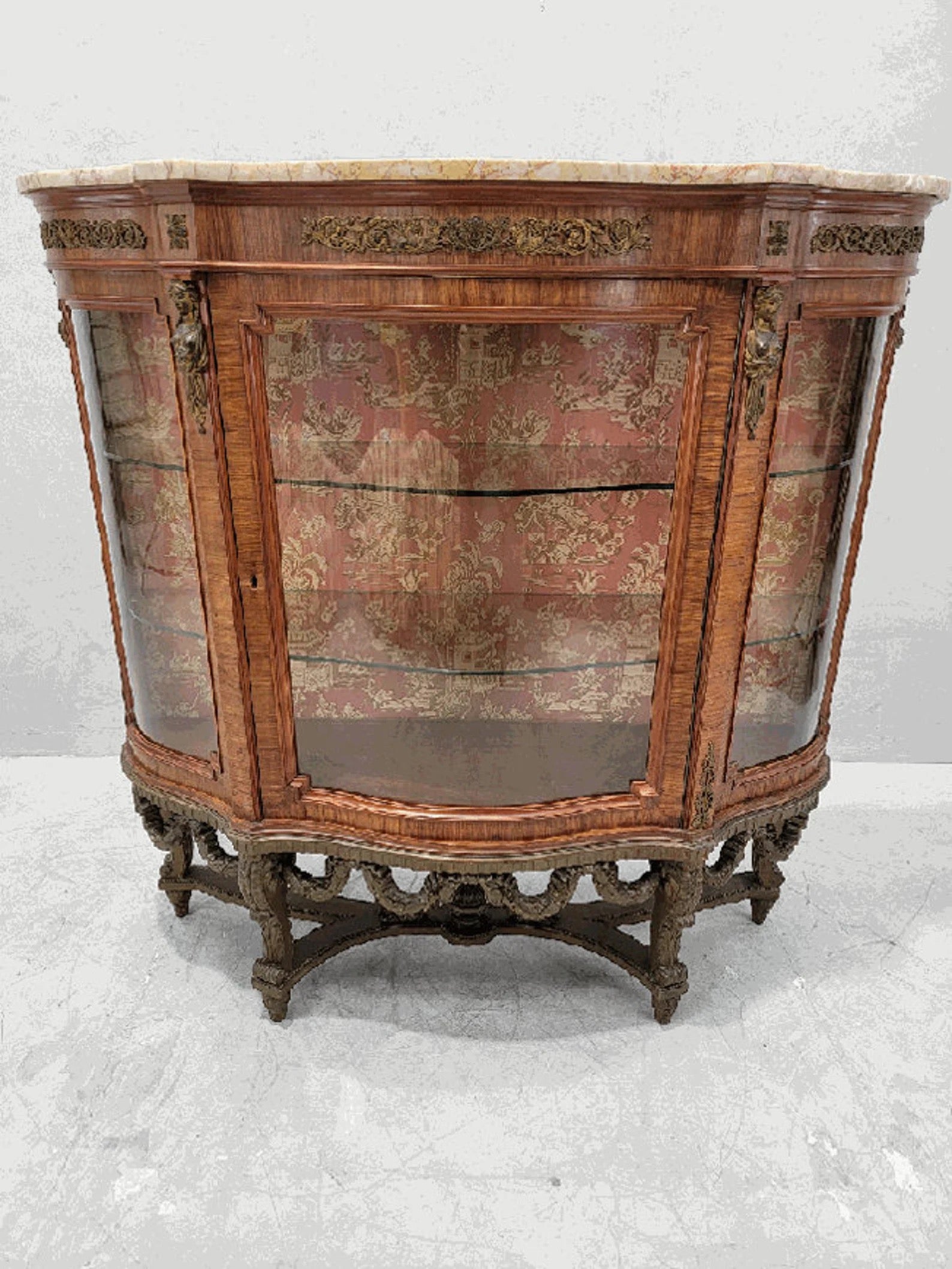 Antique French Louis Style Curved Glass Marble Top Vitrine Display Cabinet