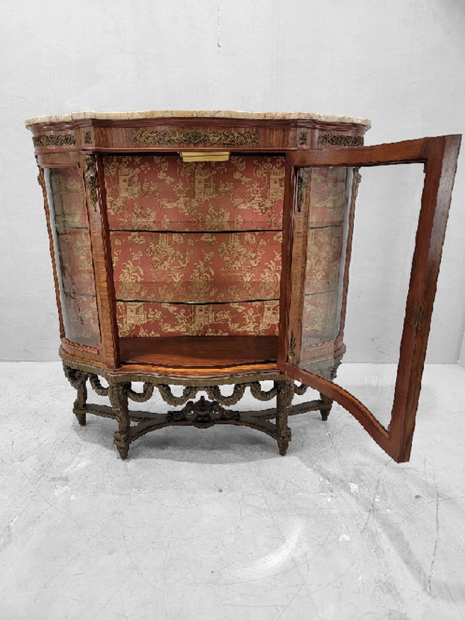 Antique French Louis Style Curved Glass Marble Top Vitrine Display Cabinet