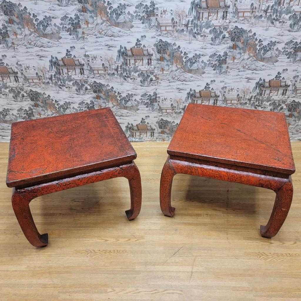 Antique Shanxi Province Red Lacquer Elm Side Tables - Pair