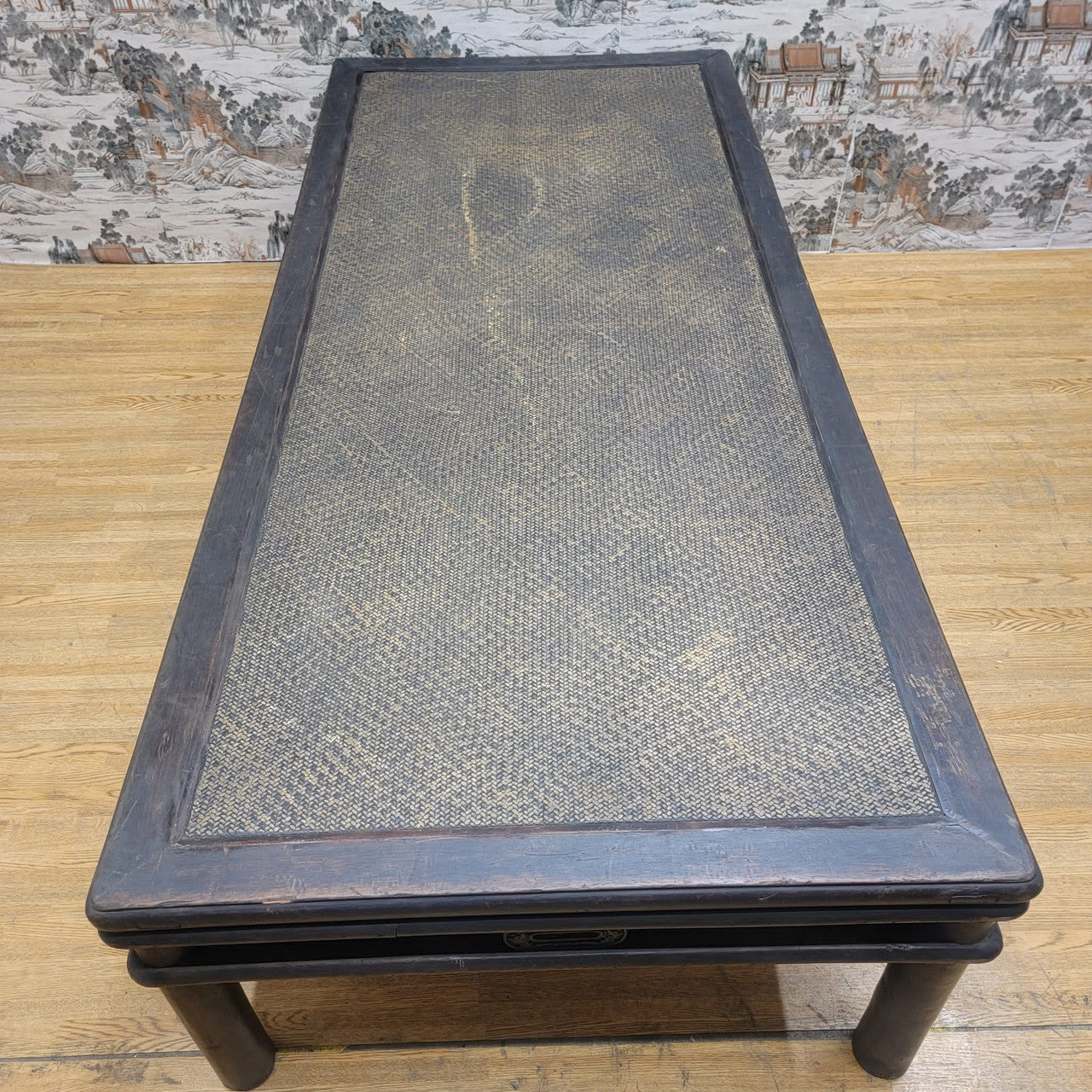 Antique Shanxi Province Hand Woven Rattan Top Elm Coffee Table