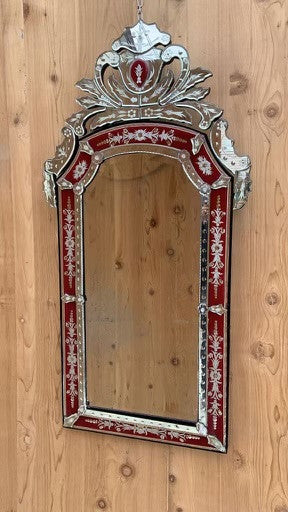 Hollywood Regency Ornate Venetian Beveled and Etched Red Wall Mirror