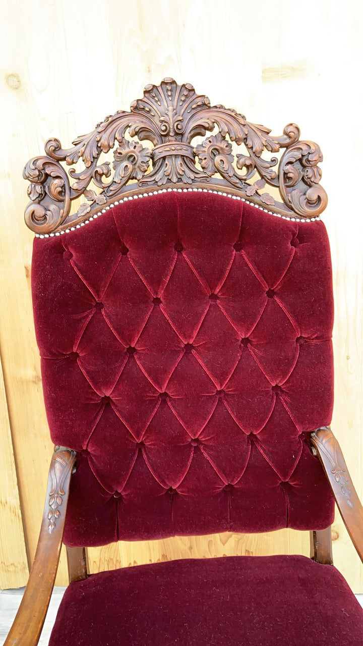 Antique French Regency Style Ornate Caved Walnut Throne Chairs Newly Upholstered in a Burgundy Mohair - Pair