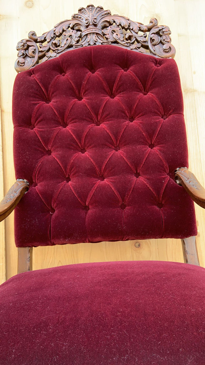 Antique French Regency Style Ornate Caved Walnut Throne Chairs Newly Upholstered in a Burgundy Mohair - Pair