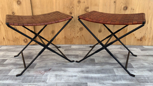 Vintage Hand Forged Wrought-Iron and Woven Leather Folding Stool - Pair