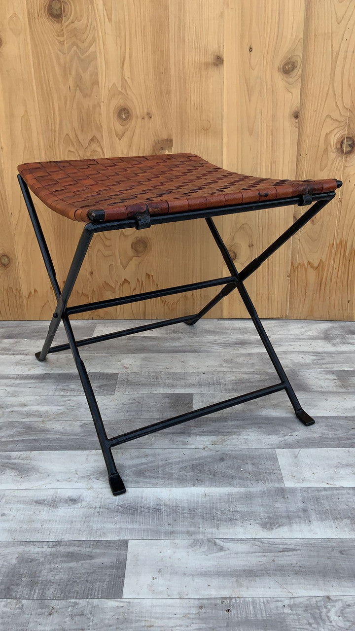 Vintage Hand Forged Wrought-Iron and Woven Leather Folding Stool - Pair