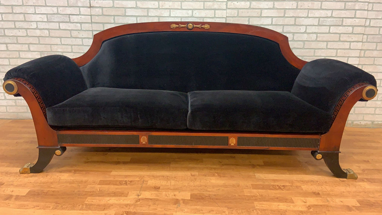 Antique Grecian Mahogany Scroll Arm Sofa Newly Upholstered in Black Velvet