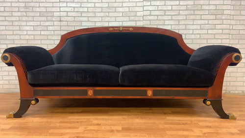 Antique Grecian Mahogany Scroll Arm Sofa Newly Upholstered in Black Velvet