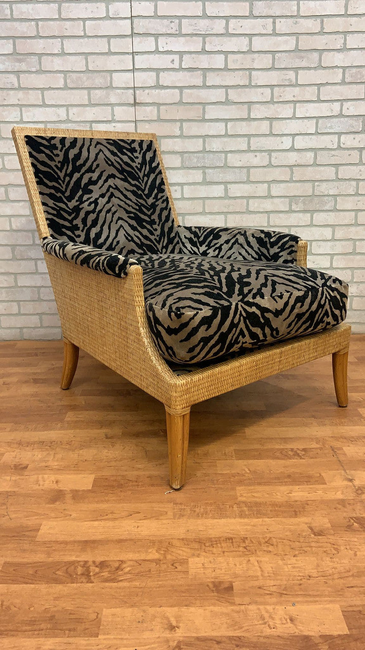 Vintage McGuire Rattan and Wicker Umbria Lounge Chair with Ottoman Newly Upholstered in Plush Zebra Velvet - 2 Piece Set