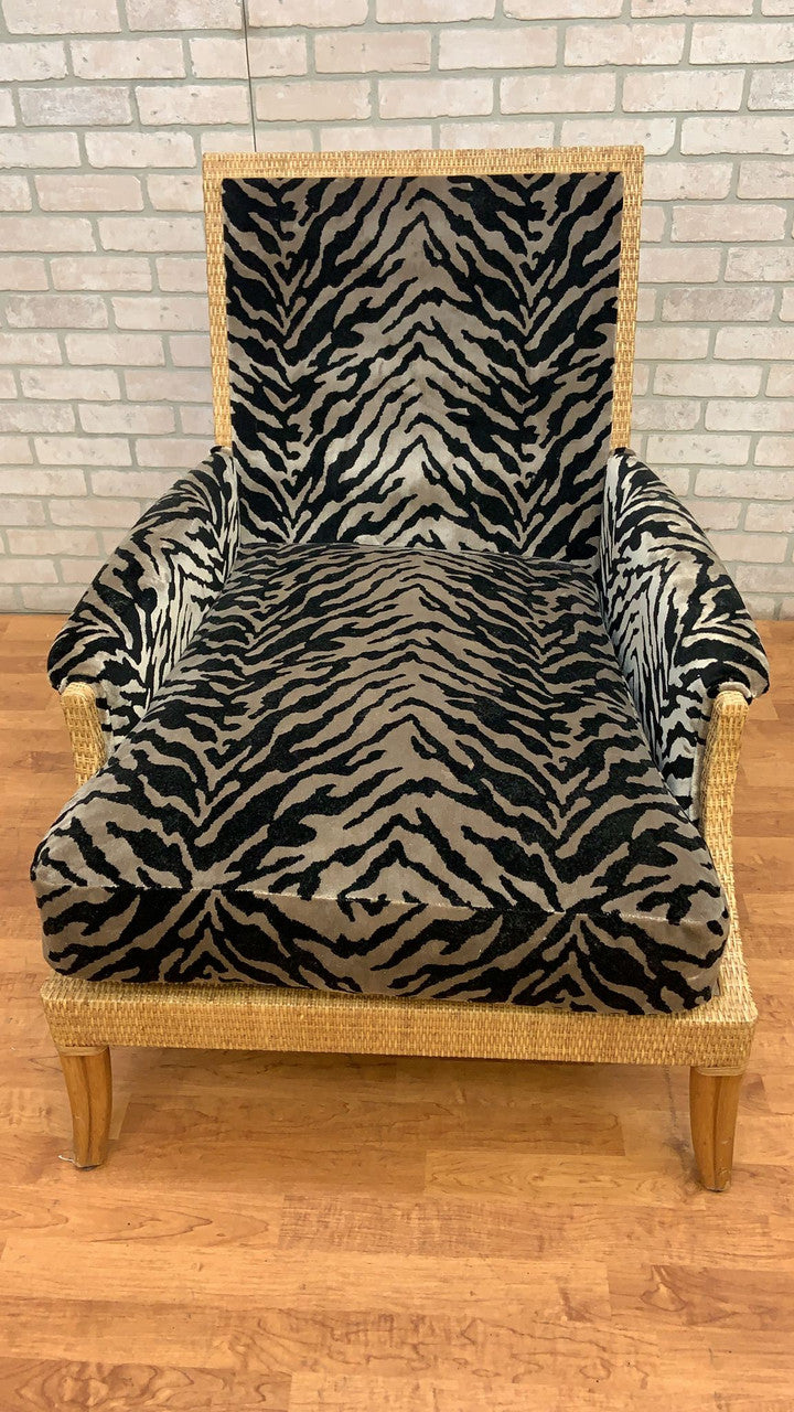 Vintage McGuire Rattan and Wicker Umbria Lounge Chair with Ottoman Newly Upholstered in Plush Zebra Velvet - 2 Piece Set
