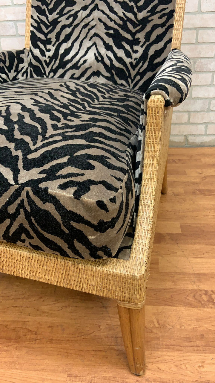Vintage McGuire Rattan and Wicker Umbria Lounge Chair with Ottoman Newly Upholstered in Plush Zebra Velvet - 2 Piece Set