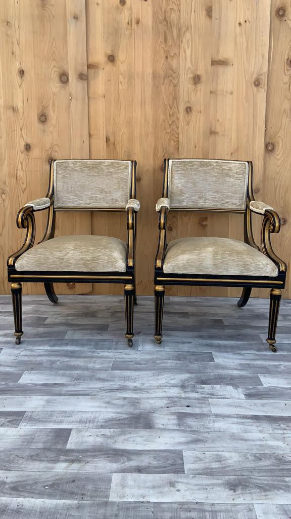 Vintage Regency Style Ebonized Sabre Legs Armchairs by Baker Furniture Newly - Pair