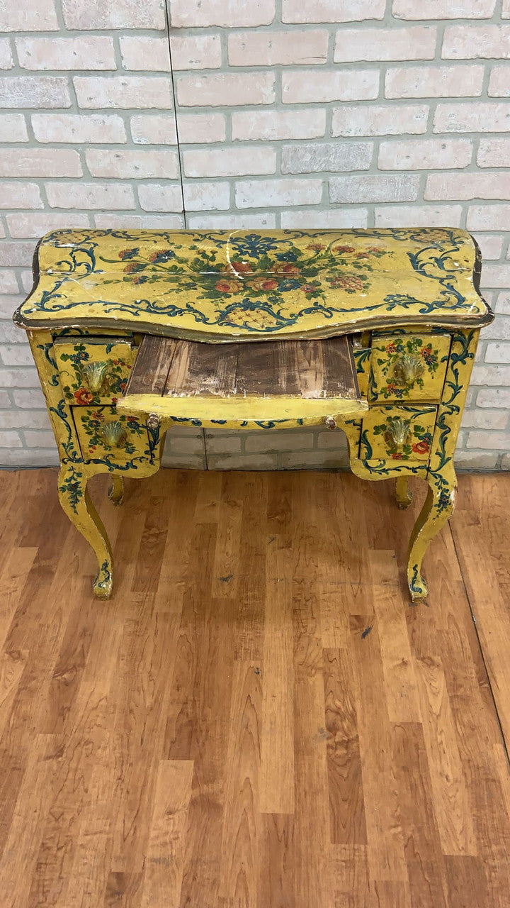 Antique Rococo Style Venetian Hand Painted Vanity Desk with 2 Single-Drawer Side Tables - 3 Piece Set