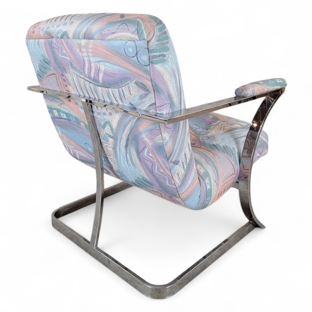 Postmodern Chrome Flat Bar Original Retro Patterned Upholstered Scoop Chair