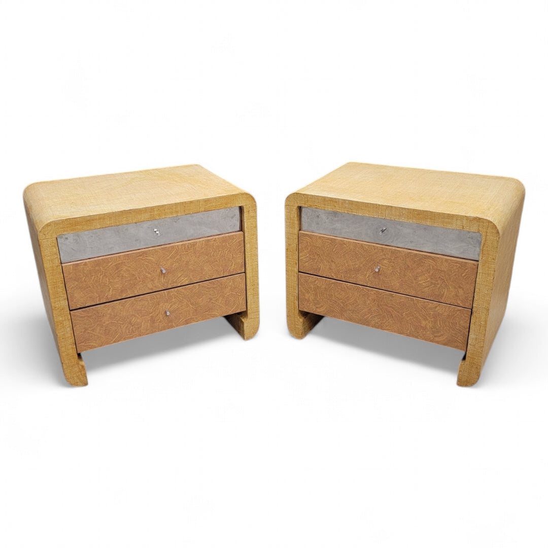 Vintage Postmodern Karl Springer Style Grasscloth Wrapped Waterfall Console with Side Chests for Ernest Massi - 3 Piece Set