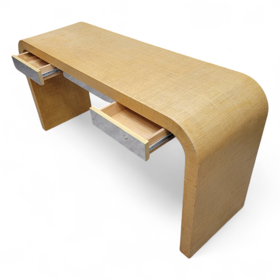Vintage Postmodern Karl Springer Style Grasscloth Wrapped Waterfall Console with Side Chests for Ernest Massi - 3 Piece Set