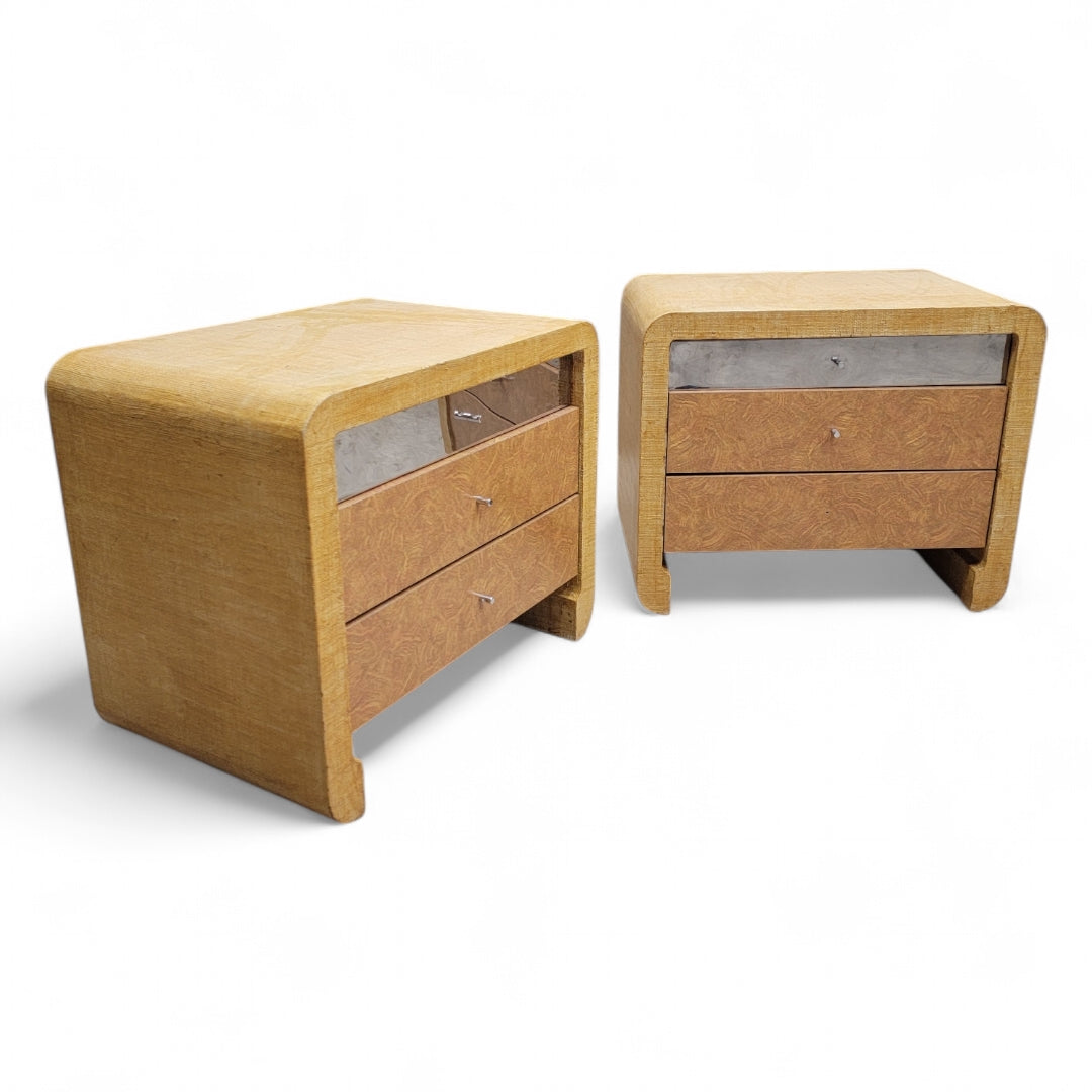 Vintage Postmodern Karl Springer Style Grasscloth Wrapped Waterfall Console with Side Chests for Ernest Massi - 3 Piece Set