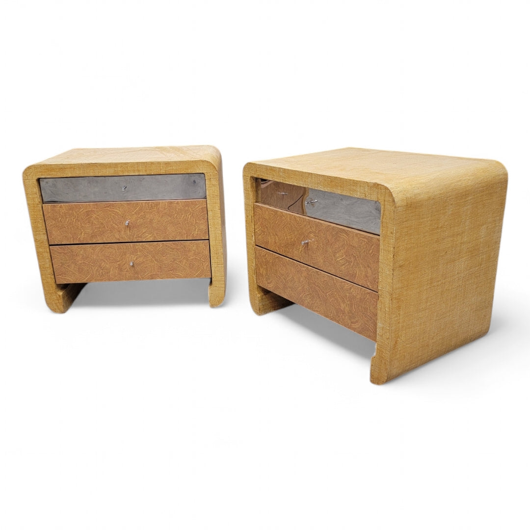 Vintage Postmodern Karl Springer Style Grasscloth Wrapped Waterfall Console with Side Chests for Ernest Massi - 3 Piece Set