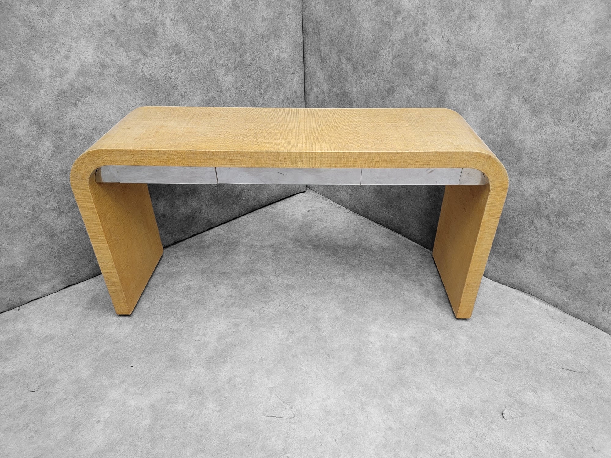 Vintage Postmodern Karl Springer Style Grasscloth Wrapped Waterfall Console with Side Chests for Ernest Massi - 3 Piece Set