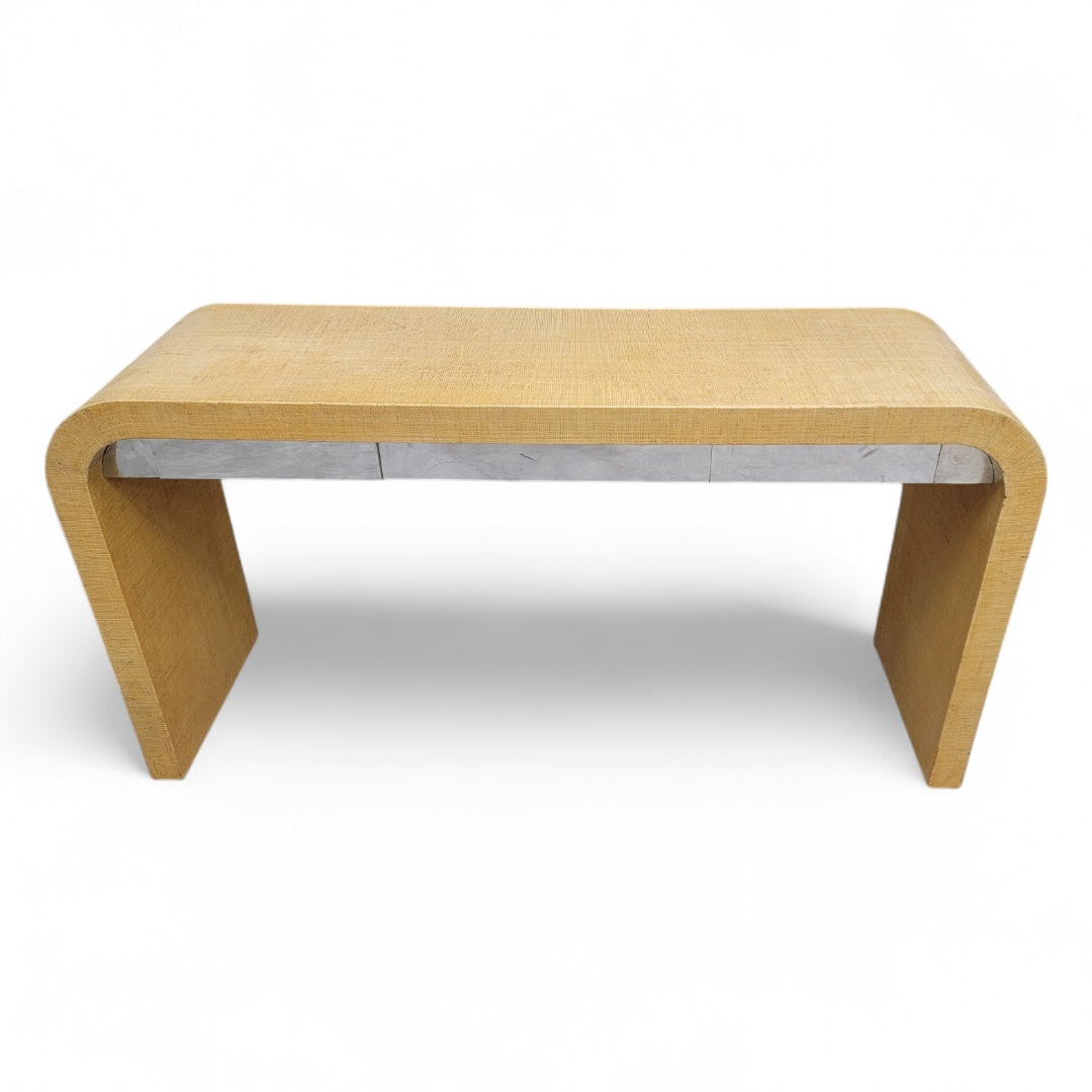 Vintage Postmodern Karl Springer Style Grasscloth Wrapped Waterfall Console with Side Chests for Ernest Massi - 3 Piece Set