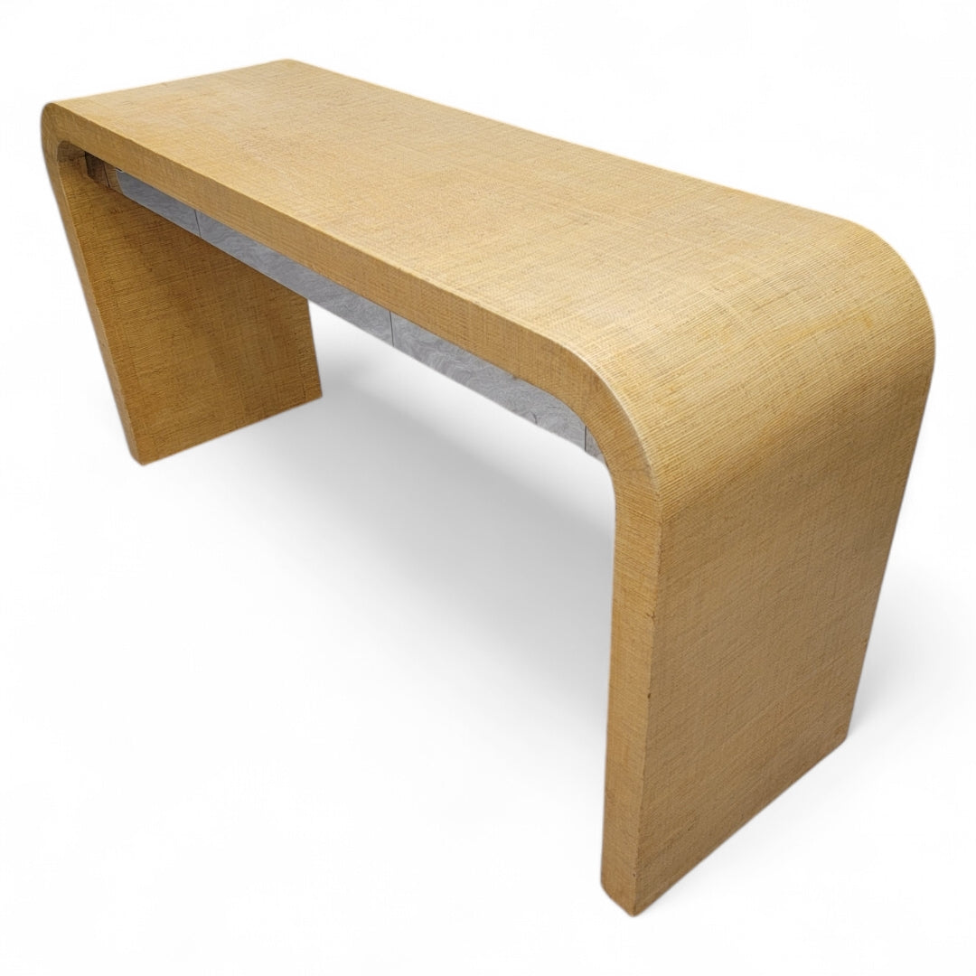 Vintage Postmodern Karl Springer Style Grasscloth Wrapped Waterfall Console with Side Chests for Ernest Massi - 3 Piece Set