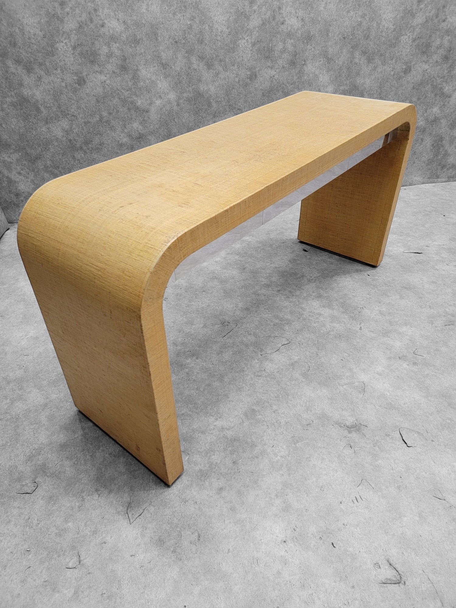 Vintage Postmodern Karl Springer Style Grasscloth Wrapped Waterfall Console with Side Chests for Ernest Massi - 3 Piece Set