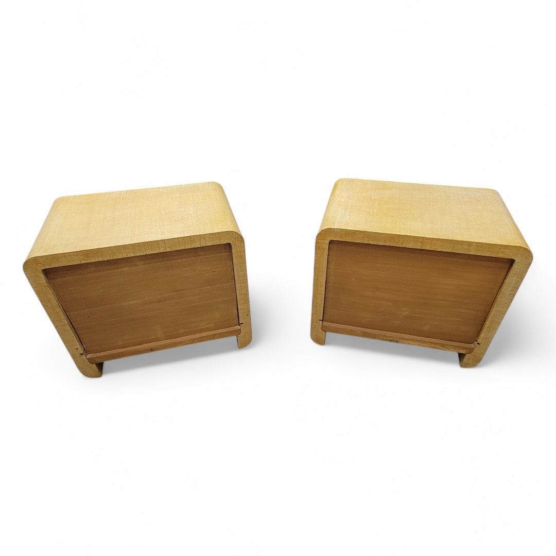 Vintage Postmodern Karl Springer Style Grasscloth Wrapped Waterfall Console with Side Chests for Ernest Massi - 3 Piece Set