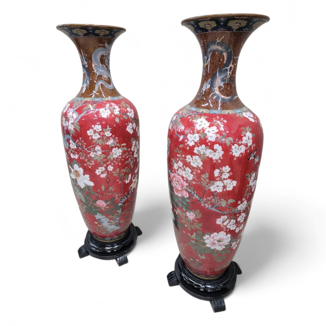 Antique Monumental Japanese Meiji Cloisonne Vases on Wood Stand - Pair