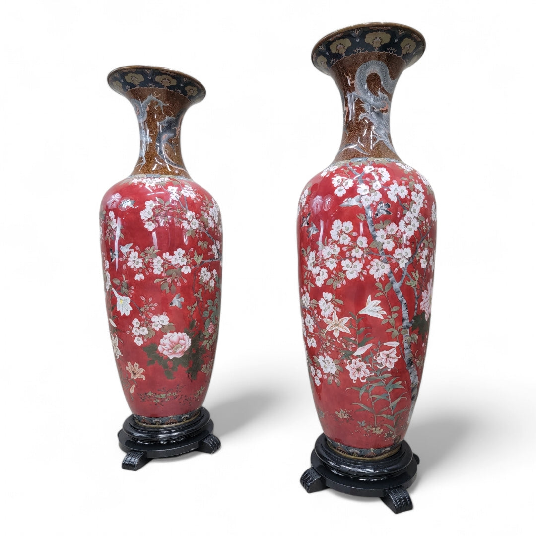 Antique Monumental Japanese Meiji Cloisonne Vases on Wood Stand - Pair