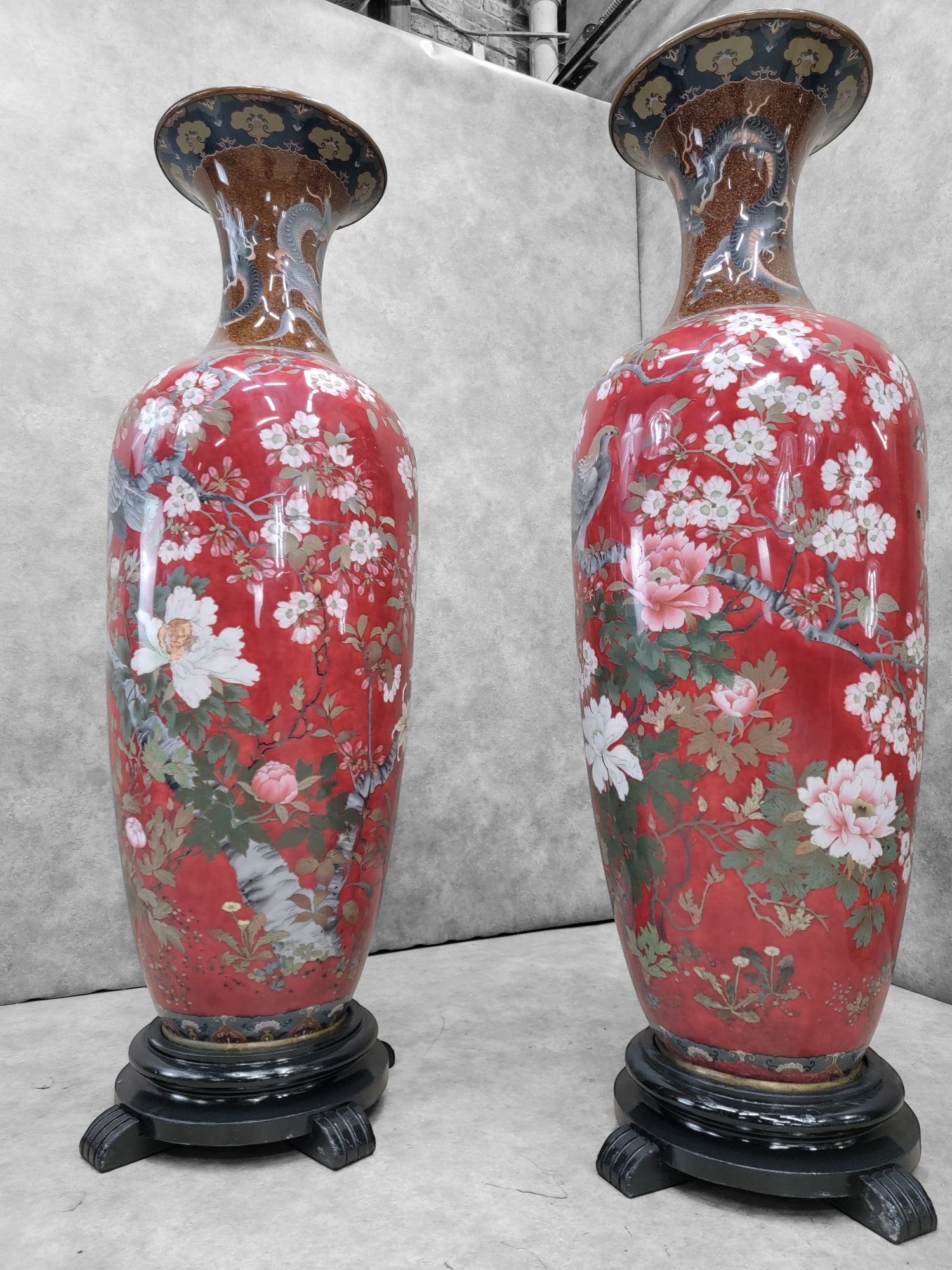 Antique Monumental Japanese Meiji Cloisonne Vases on Wood Stand - Pair