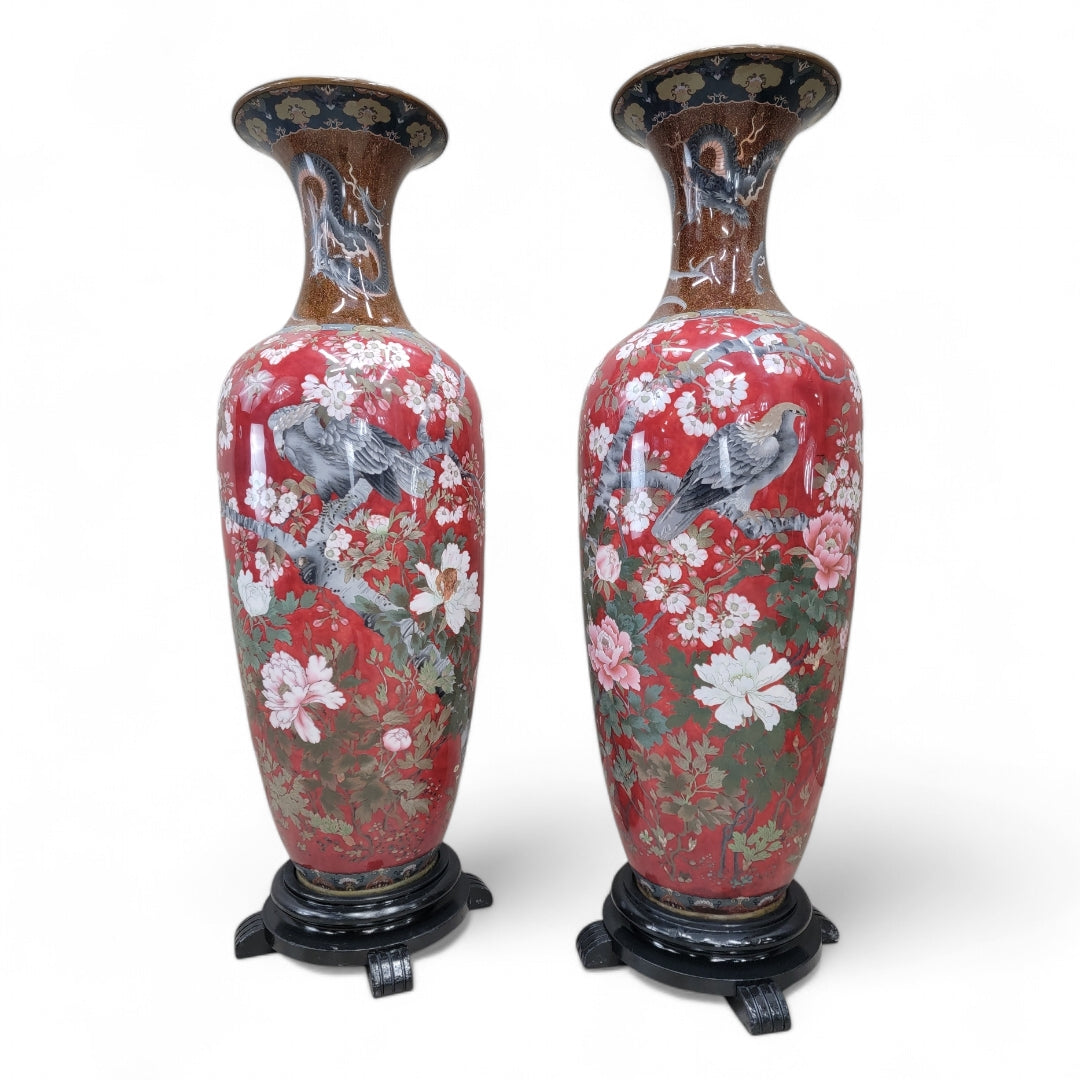 Antique Monumental Japanese Meiji Cloisonne Vases on Wood Stand - Pair