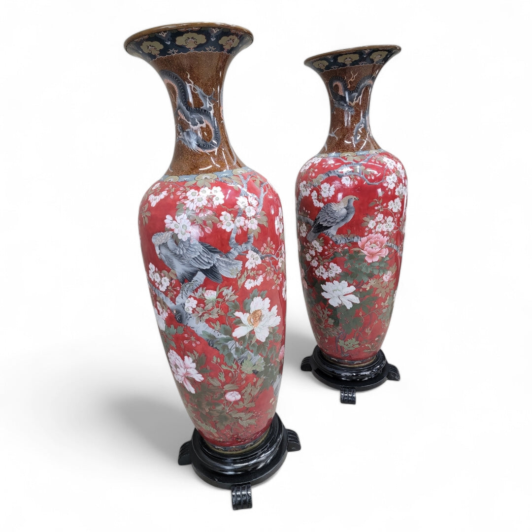 Antique Monumental Japanese Meiji Cloisonne Vases on Wood Stand - Pair