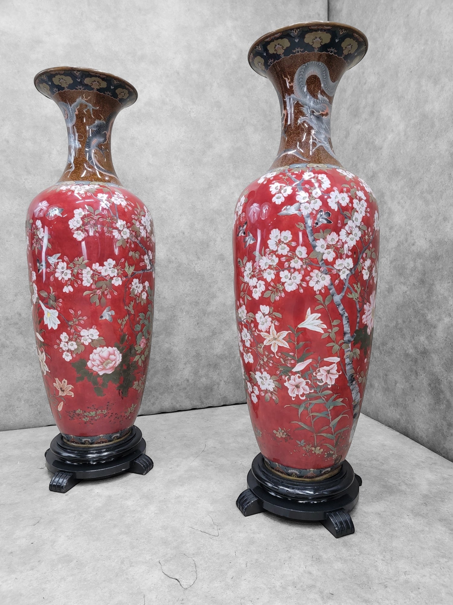 Antique Monumental Japanese Meiji Cloisonne Vases on Wood Stand - Pair